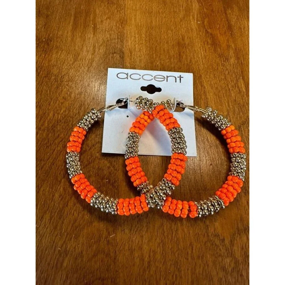 Accent Orange and Gold Beaded Hoop Earrings Boho Statement NWT New Jewelry Gift
